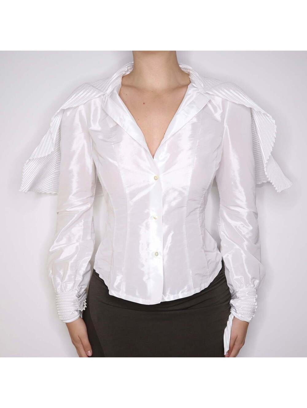 90s Italian White Pleated Cape Blouse (M)
